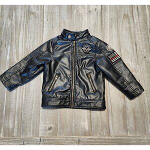 Sequoia Faux Leather‎ Moto Biker Jacket Boys 4T Black Lined Patches Zip Pockets